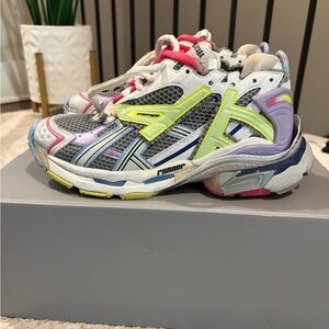 Balenciaga White Mesh Runner Sneakers with Neon Yellow and Pastel Accents